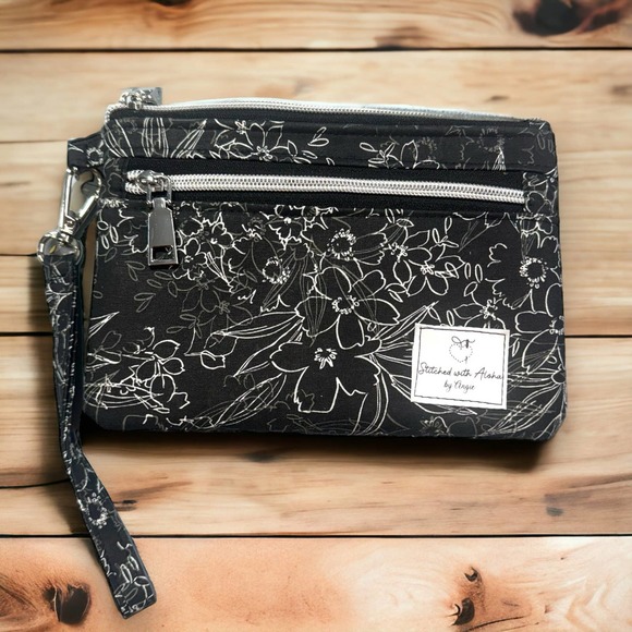 Hand Crafted Handbags - Floral White on Black Wristlet Purse Handmade